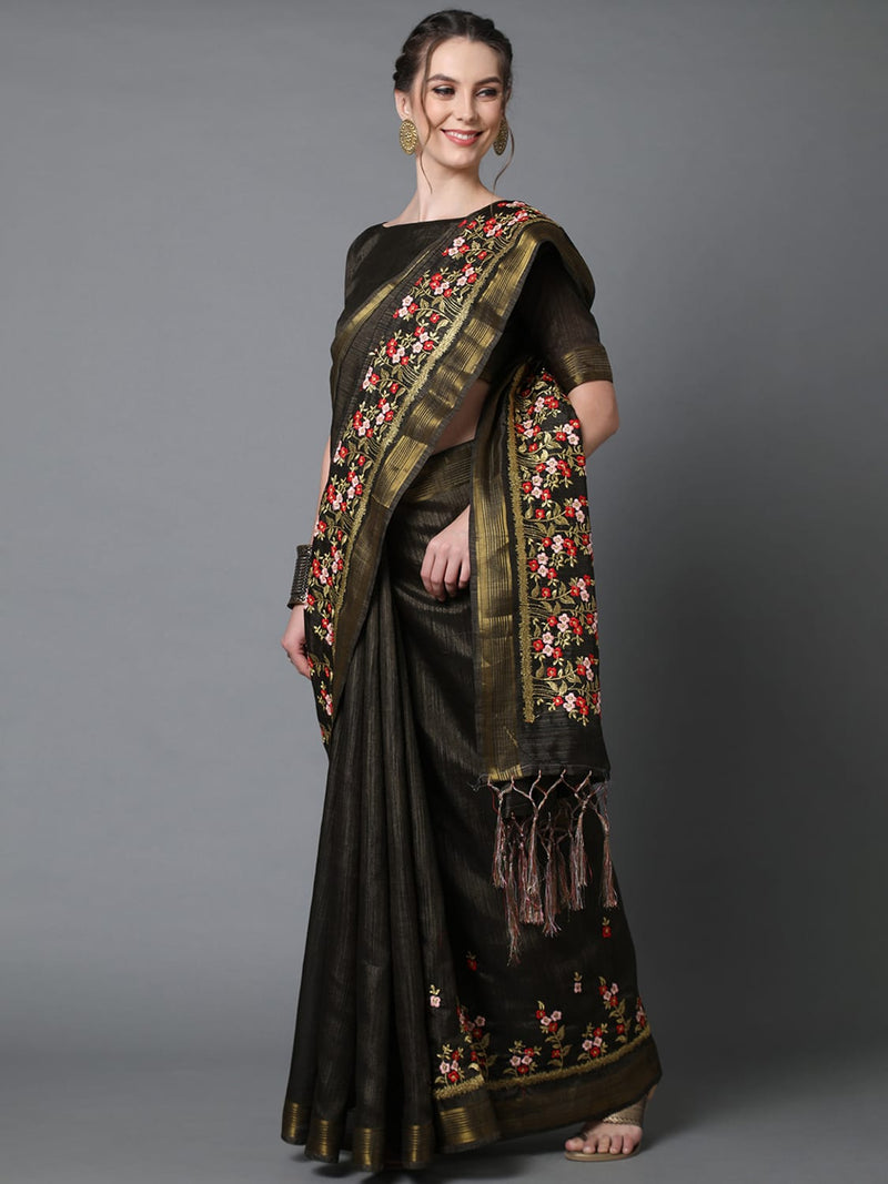 Sareemall Black Party Wear Polycotton Embroidered Saree With Unstitched Blouse