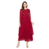 Adults-Women Maroon Yoke Embroidered Dress With Long Sleeve