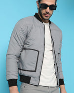 Campus Sutra Mens Grey Solid Bomber Jacket Regular Fit For Casual Wear | Low-Cut Standing Collar | Puffer | Trendy Jacket Crafted With Comfort Fit & High Performance For Everyday Wear