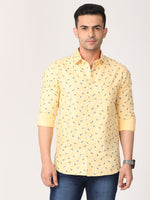 Men Yellow & Navy Slim Fit Printed Cotton Casual Shirt