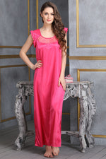 4 Pcs Satin Nightwear In Reddish Pink - Robe, Nightie, Top, Capri