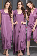 4 Pcs Nightwear In Purple - Satin