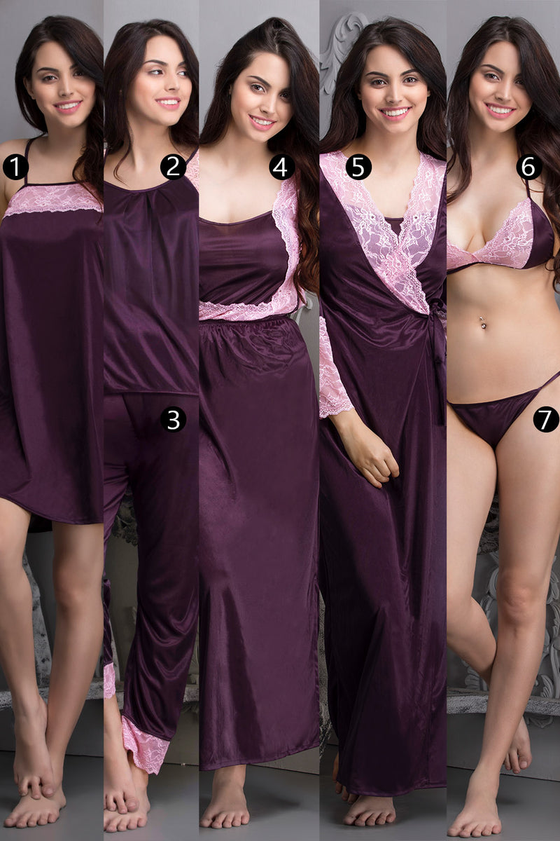 7 Pcs Nightwear Set in Purple - Satin