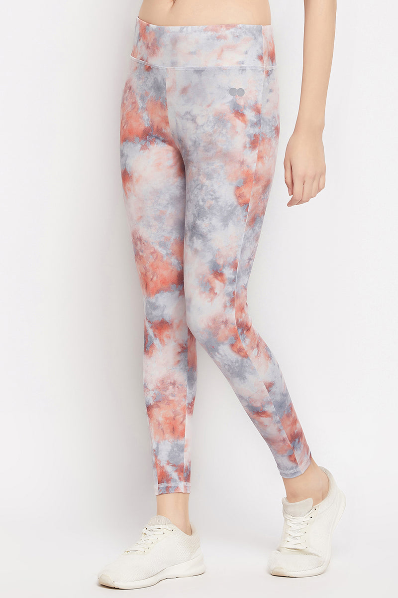 High Rise Tie-Dye Print Active Tights in Grey with Side Pocket