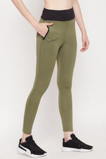 High Rise Active Tights in Olive Green with Side Pockets