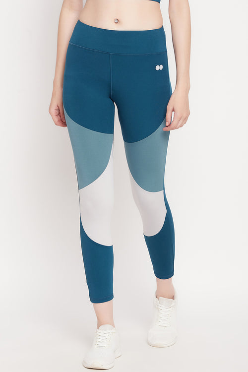 Snug Fit High-Rise Colourblocked Active Tights in Teal Blue