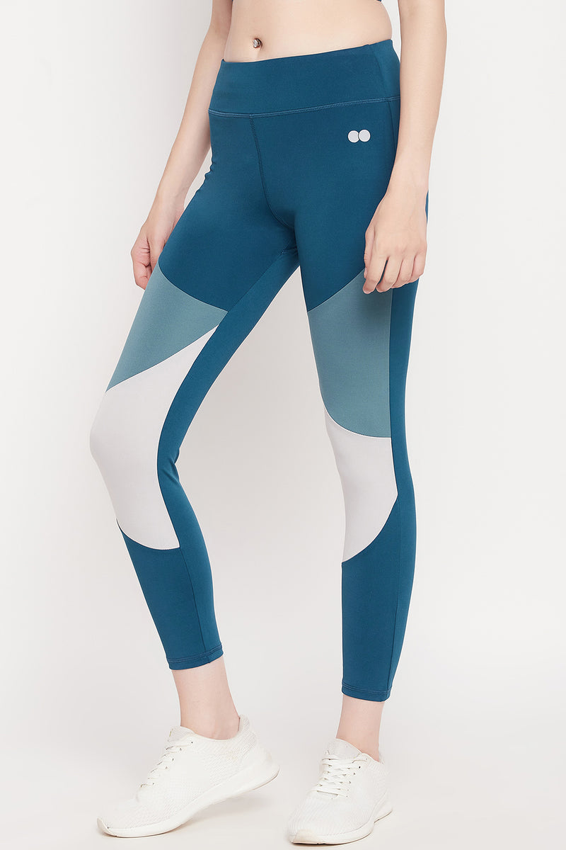 Snug Fit High-Rise Colourblocked Active Tights in Teal Blue