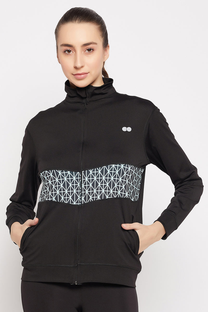 Comfort-Fit Active Jacket in Black with Printed Panel