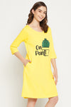 Cactus Print Short Night Dress in Yellow - 100% Cotton