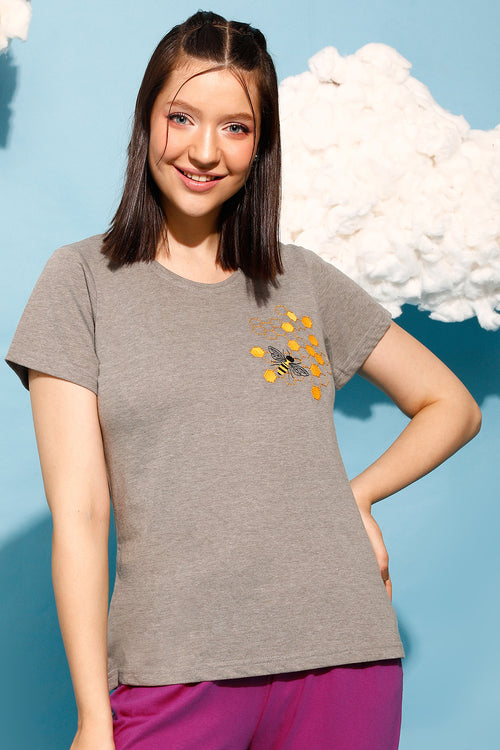 Bee Embroidered Top in Grey Melange - 100% Cotton