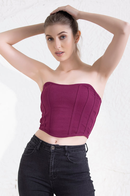 Chic Basic Ribbed Bustier in Wine Colour - Cotton