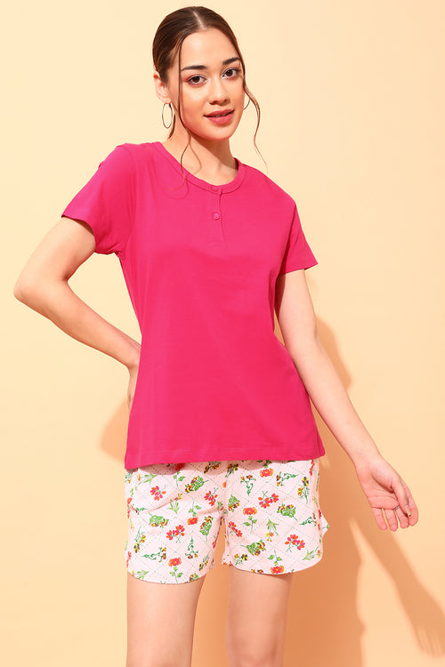 Chic Basic Top in Magenta & Pretty Florals Shorts in Soft Pink - 100% Cotton