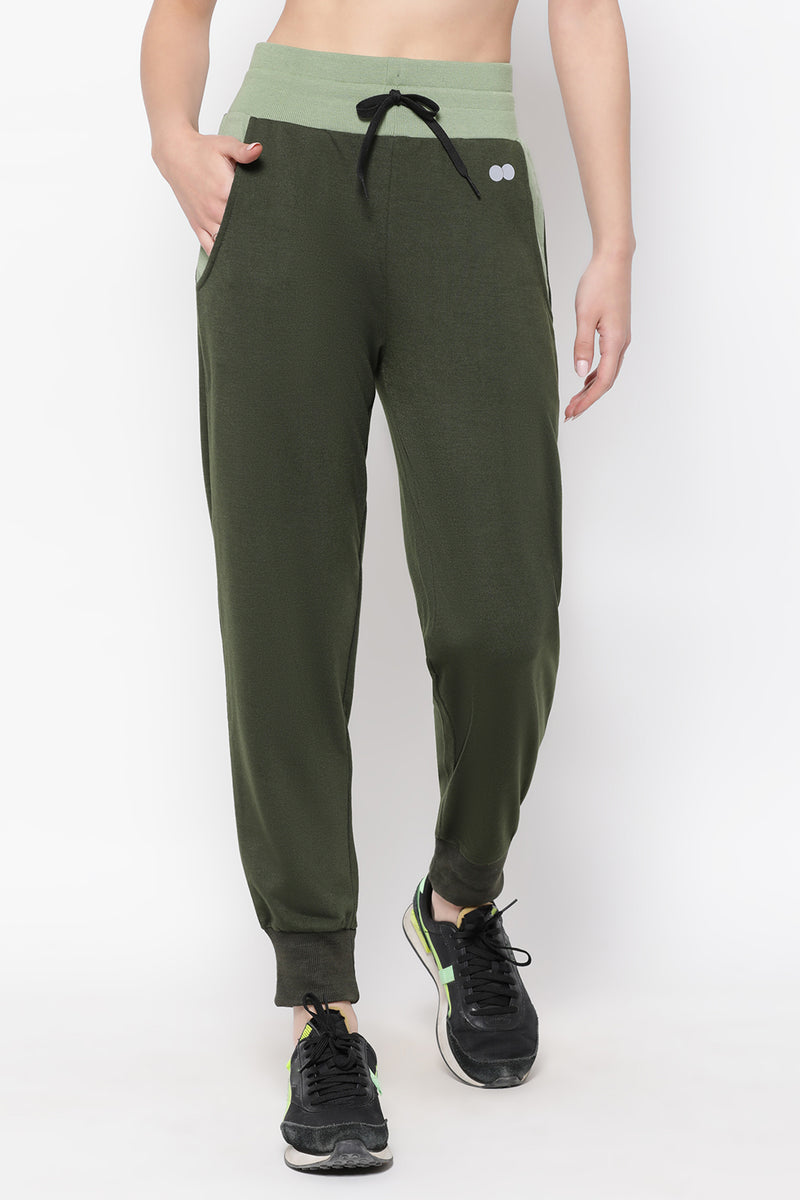 Comfort Fit High Rise Active Joggers in Olive Green with Side Pockets