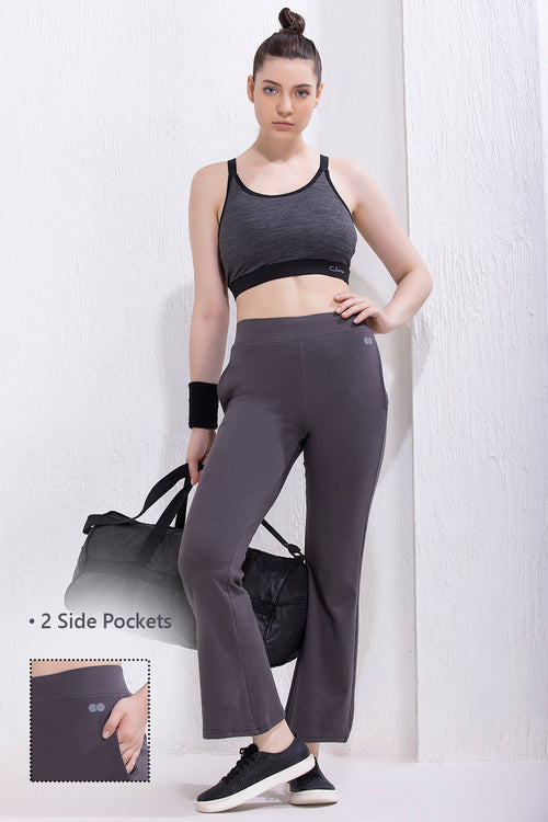 Comfort Fit High-Rise Flared Yoga Pants in Dark Grey with Side Pockets