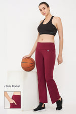 High Rise Flared Yoga Pants in Maroon with Side Pocket