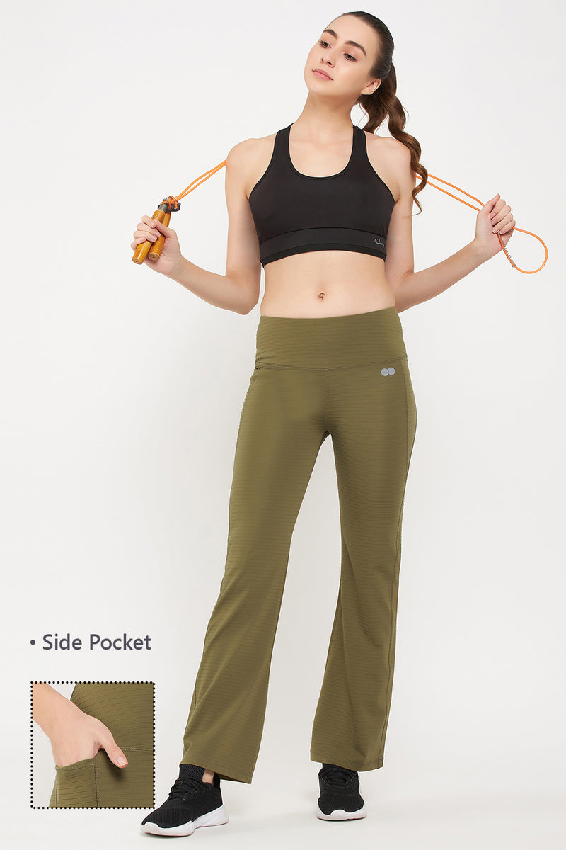 Comfort-Fit High Waist Flared Yoga Pants in Olive Green with Side Pock –  Tradyl