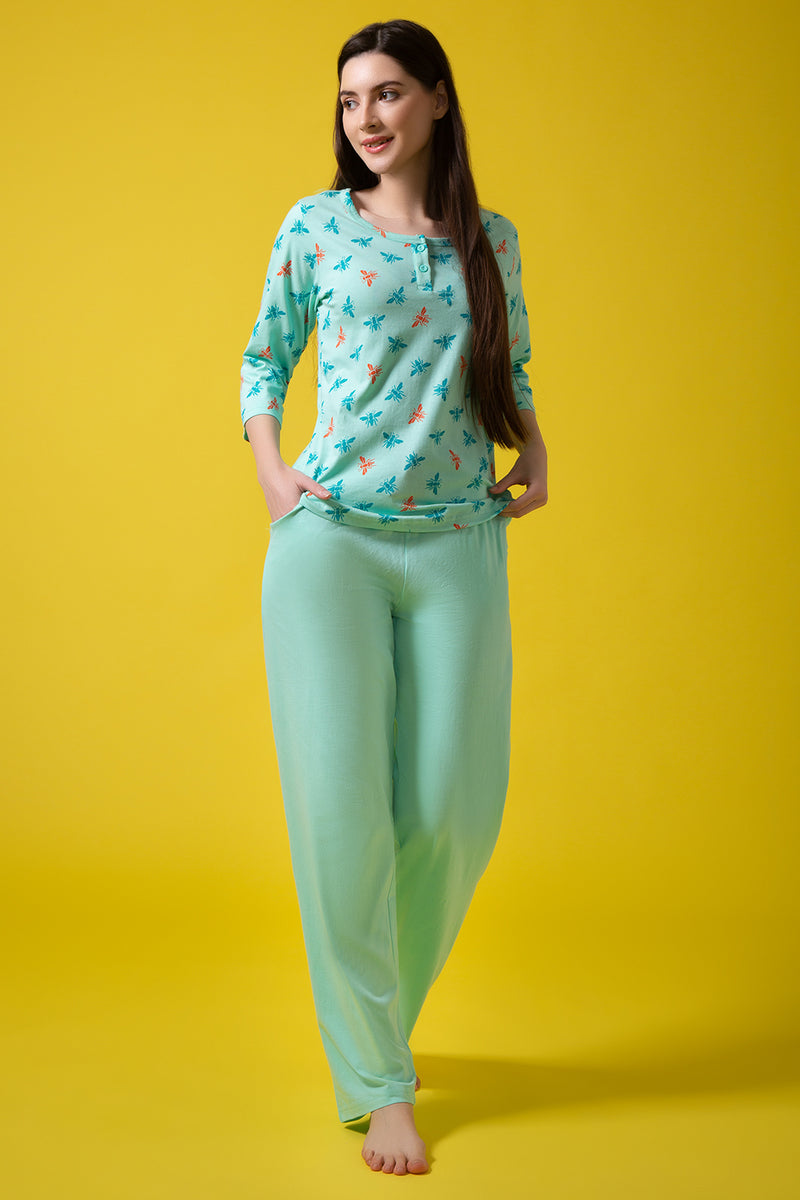 Fly Print Top & Solid Pyjama Set in Sky Blue - 100% Cotton