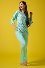 Fly Print Top & Solid Pyjama Set in Sky Blue - 100% Cotton