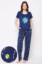 Galaxy Print Top & Pyjama Set in Navy - 100% Cotton