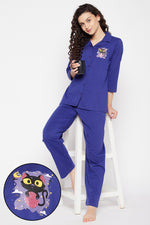Halloween Print Button Down Shirt & Pyjama Set in Royal Blue - 100% Cotton