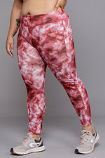 High Rise Tie-Dye Print Active Tights in Maroon with Side Pocket