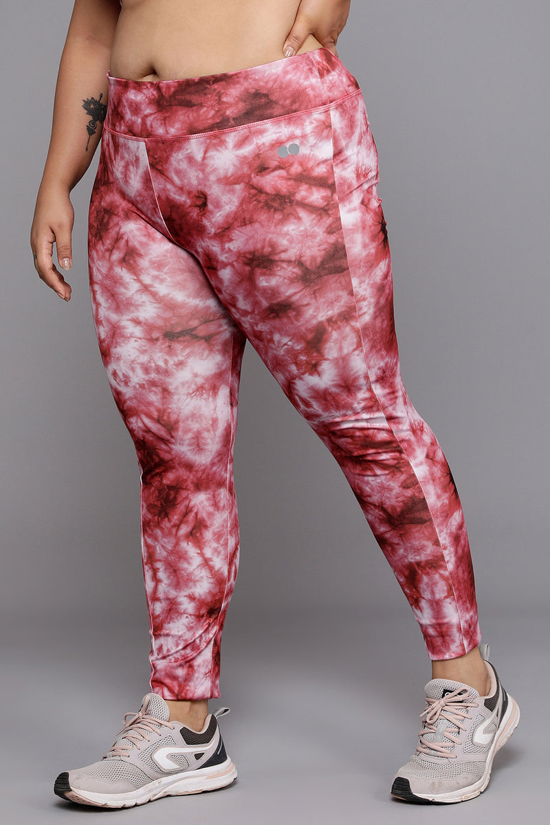 High Rise Tie-Dye Print Active Tights in Maroon with Side Pocket