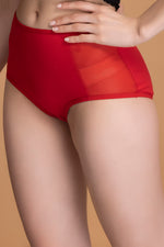 High Waist Hipster Panty in Red with Powernet Panels - Cotton
