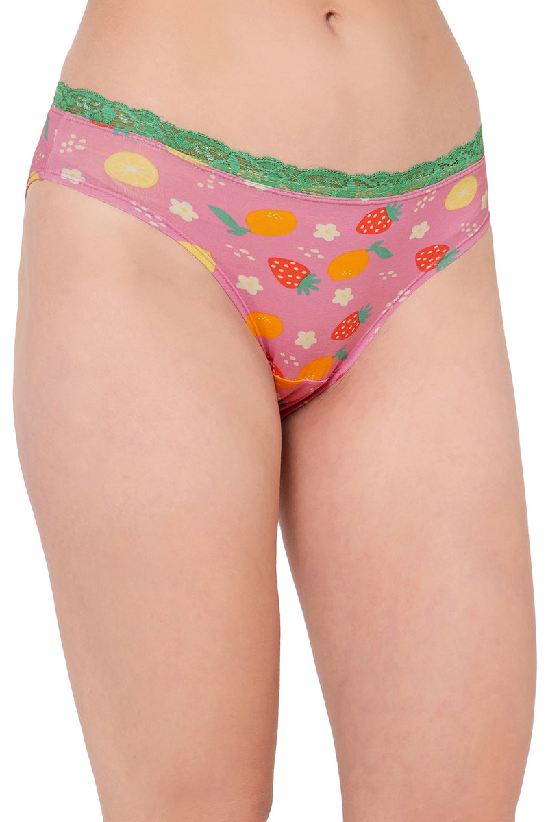 Low Waist Fruit Print Bikini Panty in Baby Pink with Lace Waist - Cotton
