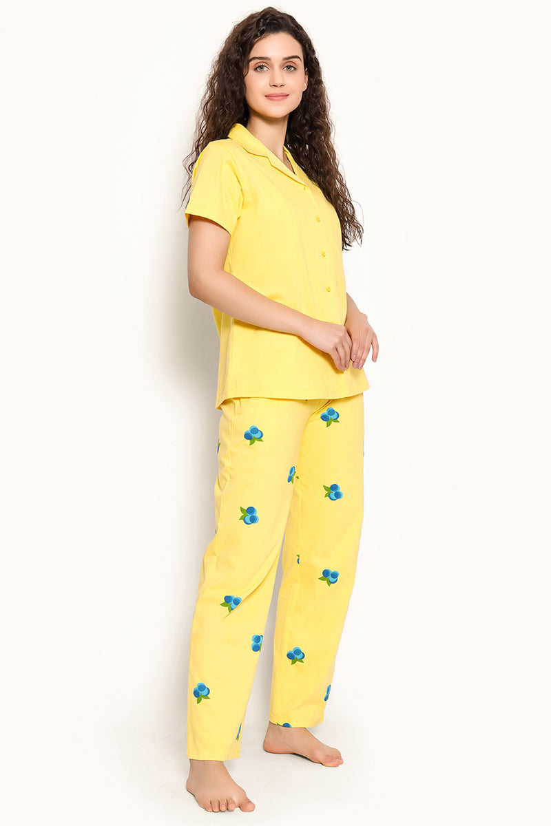 Tutti Fruity Button Down Shirt & Pyjama Set in Yellow - 100% Cotton