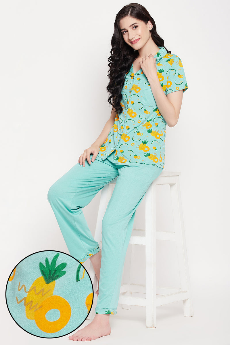 Tutti Fruity Button Down Shirt & Chic Basic Pyjama Set in Sky Blue - 100% Cotton
