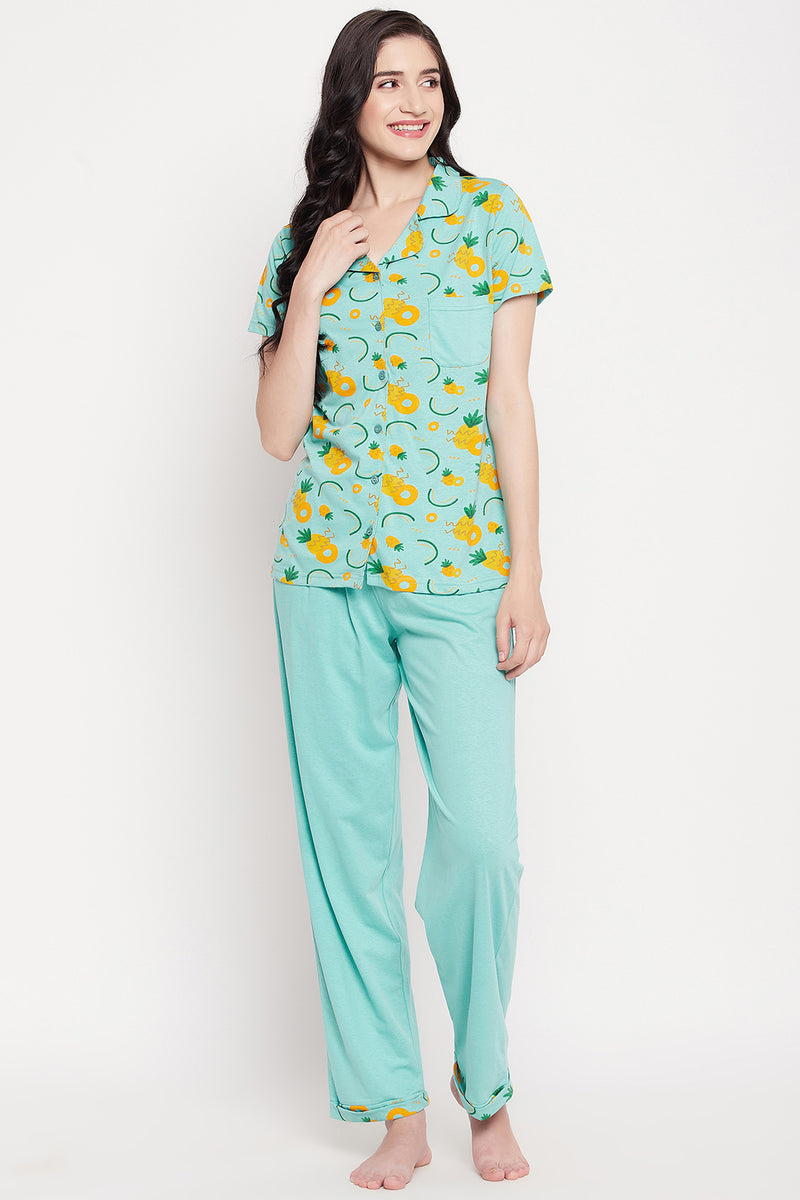 Tutti Fruity Button Down Shirt & Chic Basic Pyjama Set in Sky Blue - 100% Cotton