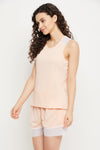 Top & Shorts Set in Peach Colour with Lace Panels - Cotton