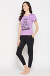 Quirky Quotes Top in Lavender & Chic Basic Joggers Set in Black - 100% Cotton