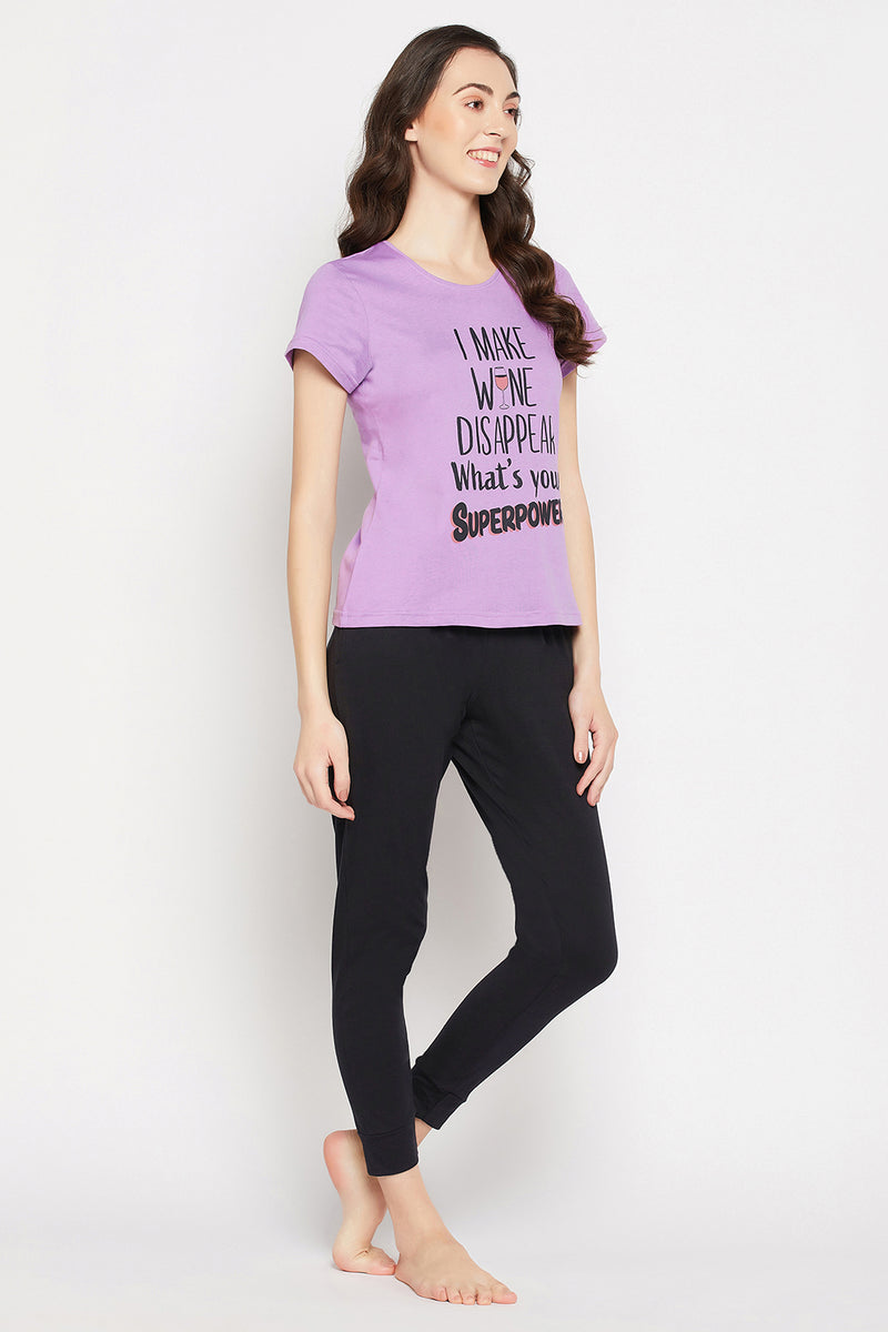 Quirky Quotes Top in Lavender & Chic Basic Joggers Set in Black - 100% Cotton