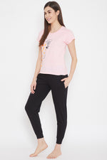 Giraffe Print Top in Peach-Pink & Solid Pyjama in Black - 100% Cotton