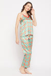Emoji Print Cami Top & Pyjama Set in Multicolour - Satin
