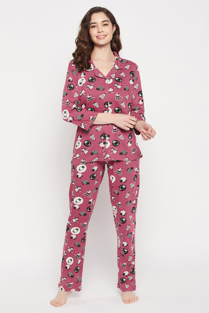 Sheep Print Button Down Shirt & Pyjama Set in Mauve - 100% Cotton