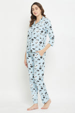 Sheep Print Button Down Shirt & Pyjama Set in Baby Blue - 100% Cotton