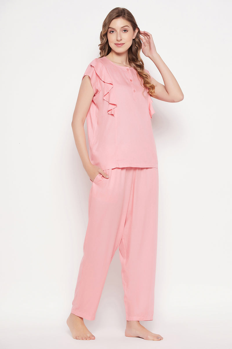 Chic Basic Top & Pyjama Set in Baby Pink - Rayon