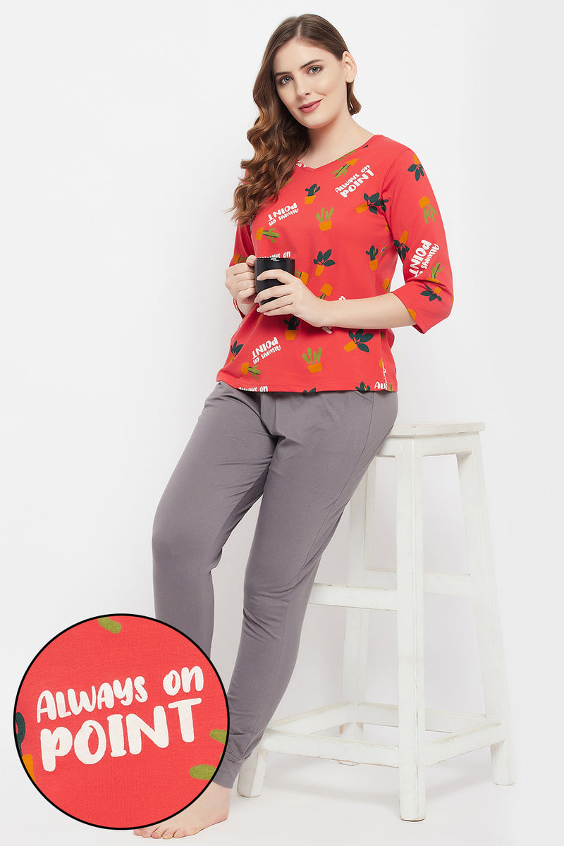 Cactus Print Top in Red & Chic Basic Joggers in Grey - 100% Cotton