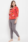 Cactus Print Top in Red & Chic Basic Joggers in Grey - 100% Cotton