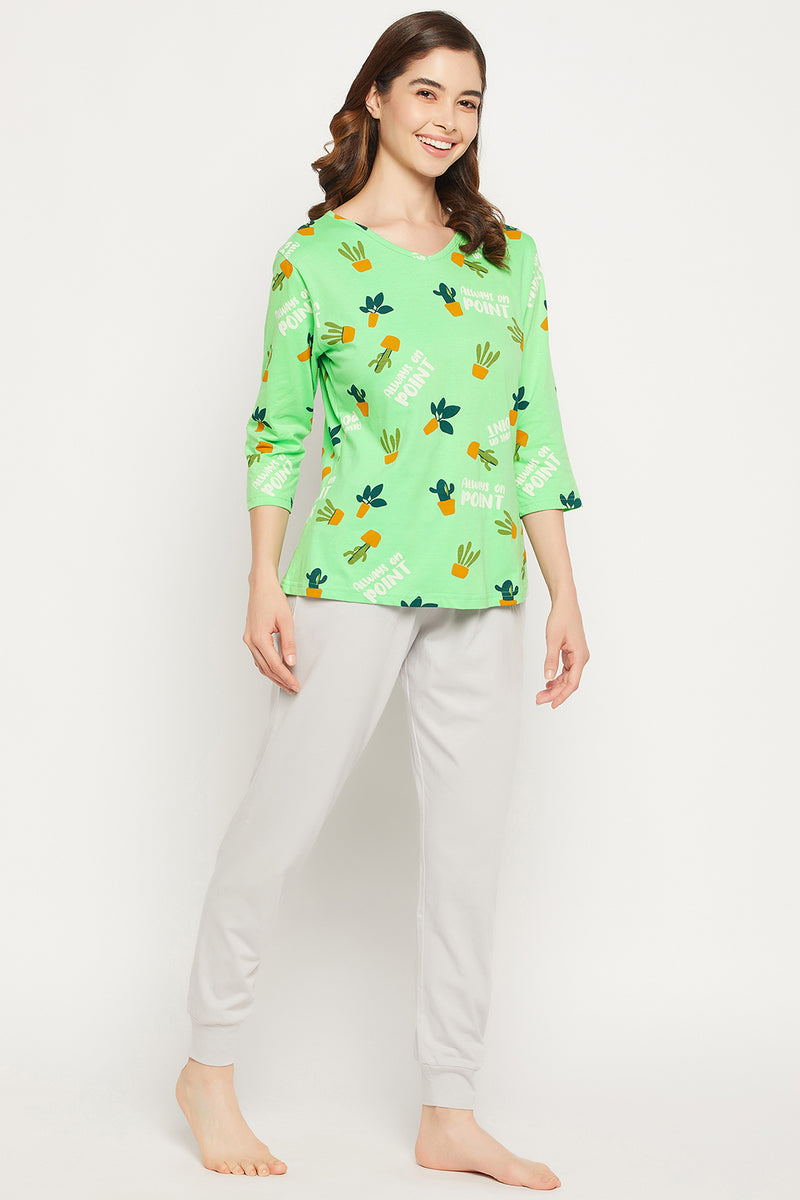 Cactus Print Top in Seafoam Green & Chic Basic Joggers in Grey - 100% Cotton