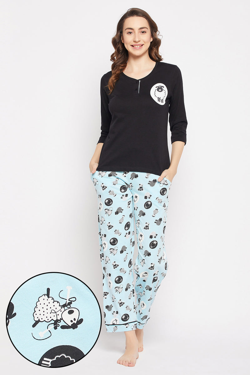 Sheep Print Top in Black & Pyjama in Sky Blue - 100% Cotton