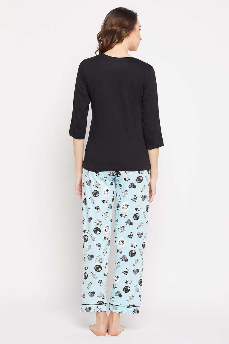 Sheep Print Top in Black & Pyjama in Sky Blue - 100% Cotton