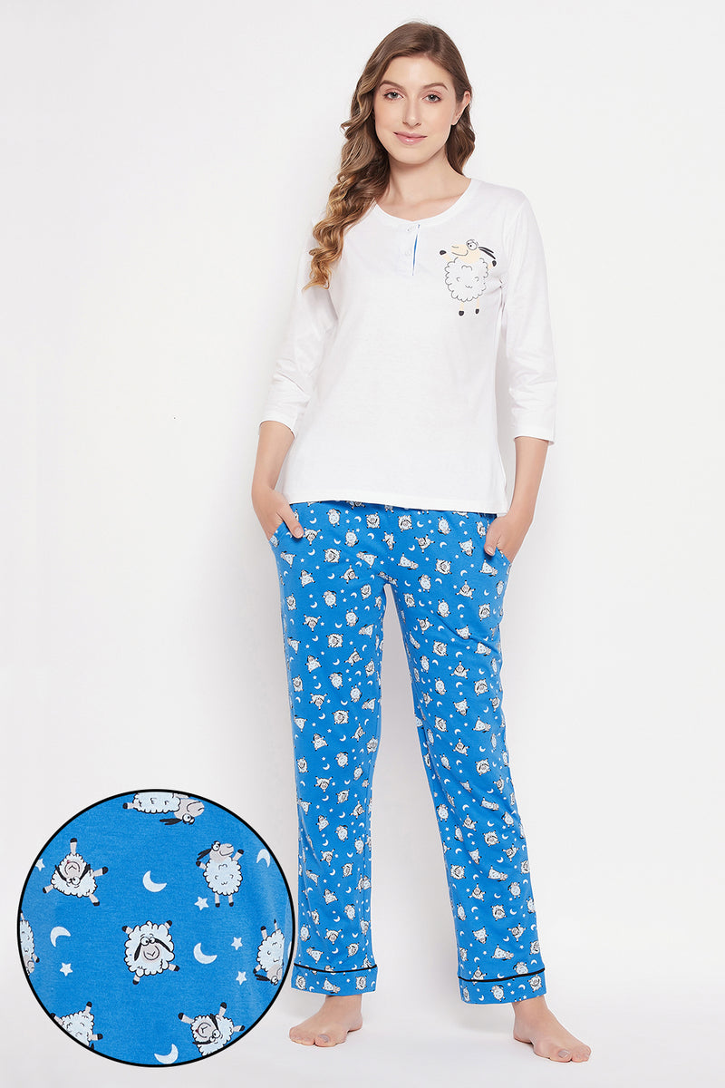 Sheep Print Top in White & Pyjama in Cobalt Blue - 100% Cotton