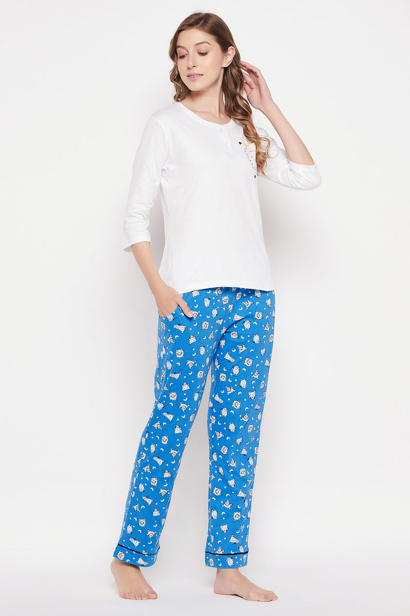 Sheep Print Top in White & Pyjama in Cobalt Blue - 100% Cotton