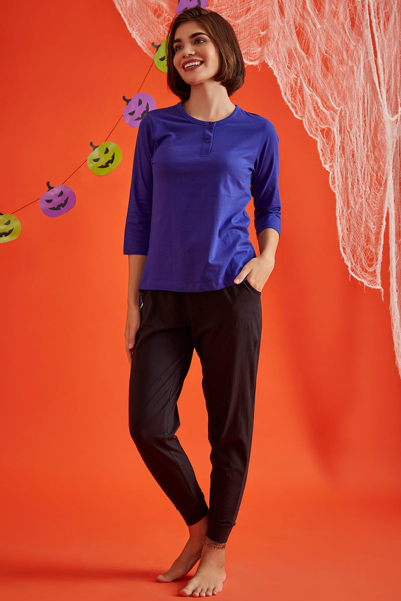 Chic Basic Top in Royal Blue & Halloween Print Joggers in Black - 100% Cotton