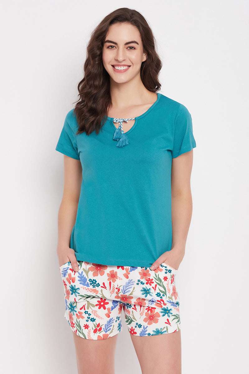 Chic Basic Top in Teal Green & Pretty Florals Shorts in White - 100% Cotton