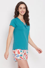 Chic Basic Top in Teal Green & Pretty Florals Shorts in White - 100% Cotton