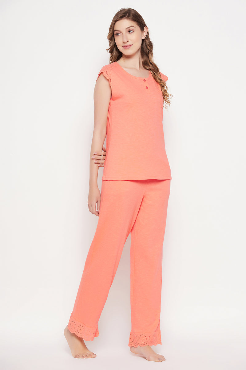 Chic Basic Top & Pyjama Set in Peach Colour - 100% Cotton